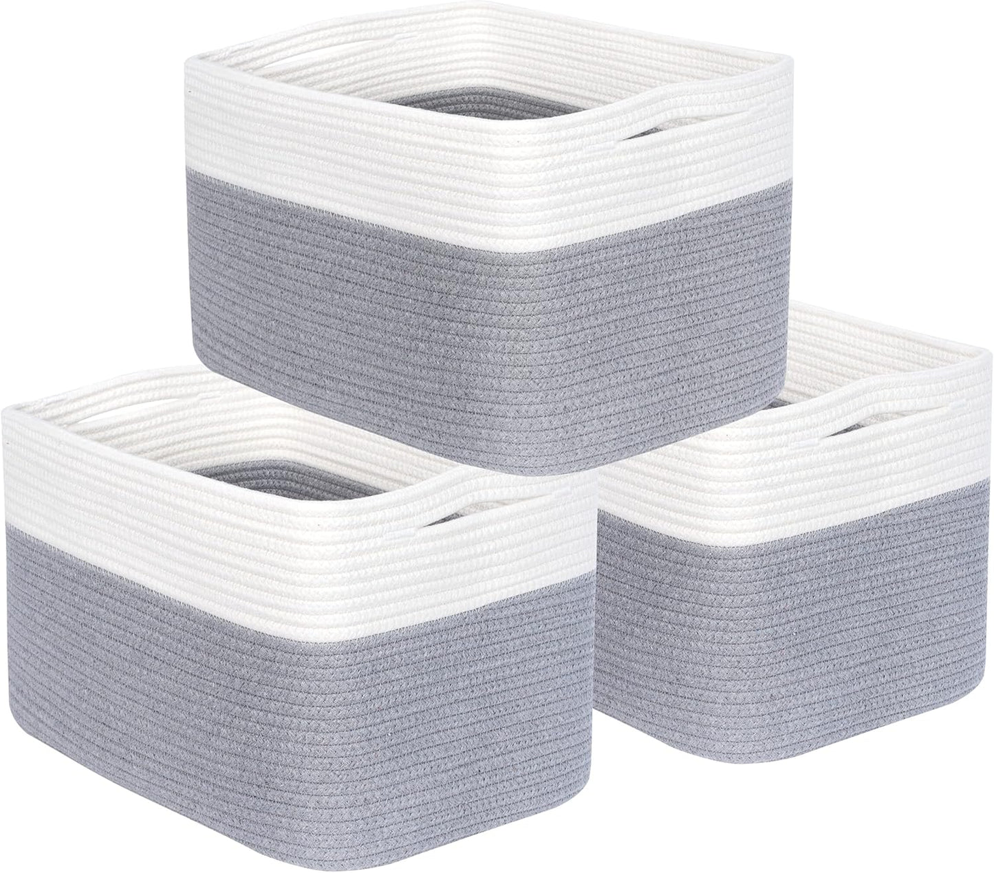 MINTWOOD Design 3-Pack Storage Baskets for Shelves, Playroom and Classroom, Book Basket, Decorative Storage Cube Bins, Woven Closet Organizers, Pantry and Shoe Organizer, Grey