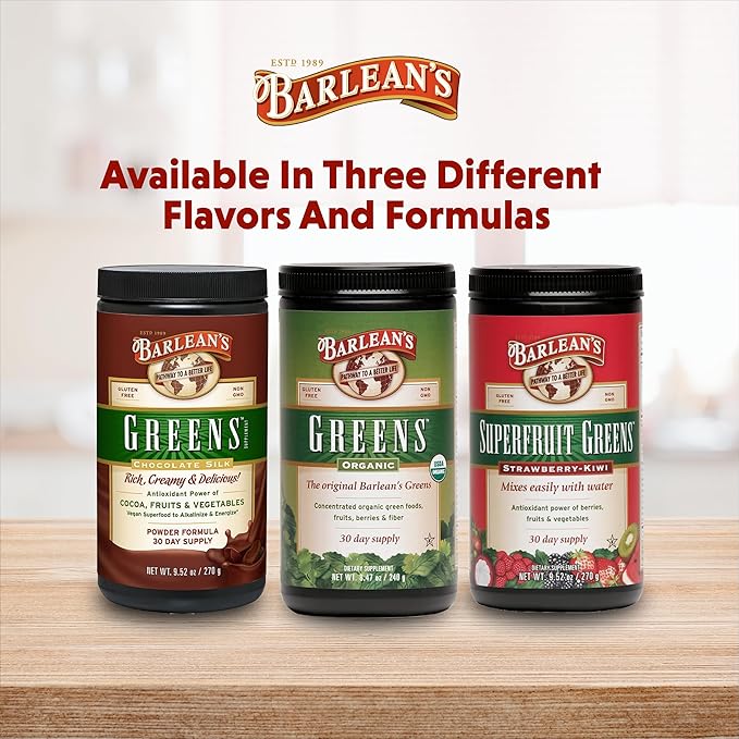 Barlean's Chocolate Greens Powder, Daily Fruit and Vegetable Superfood Supplement, Green Antioxidant Blend and Fiber Smoothie Drink Mix, 9.52 oz