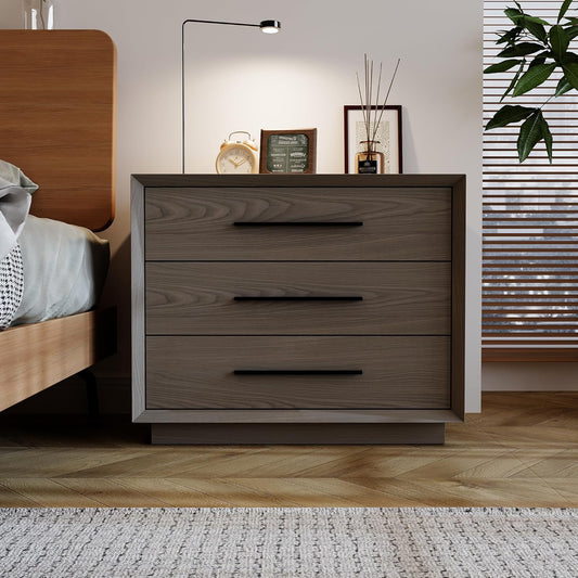 Bedside Table with 3 Drawers, Modern Side Table, Small Nightstand, Wooden Bed Side Tables, Wood Grain Floor Storage Organizer with Metal Handles for Sofa Couch Bedroom, Dark Brown