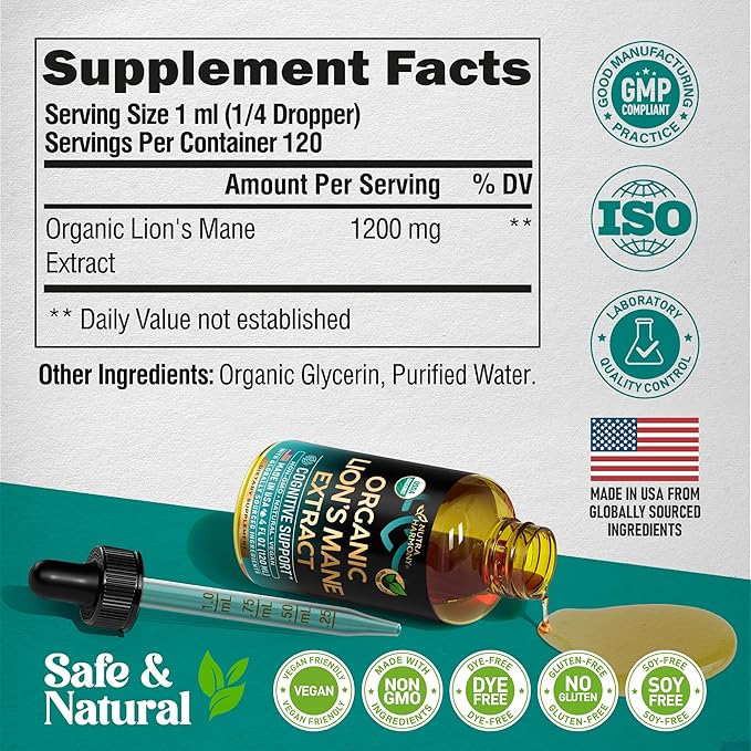 Lions Mane Liquid - USDA Certified Organic Lions Mane Supplement - Brain Support, Energy, Memory & Focus - Sugar & Alcohol-Free Lion's Mane Mushroom Extract 144,000 mg / Bottle, 4fl oz, 4 Month Supply