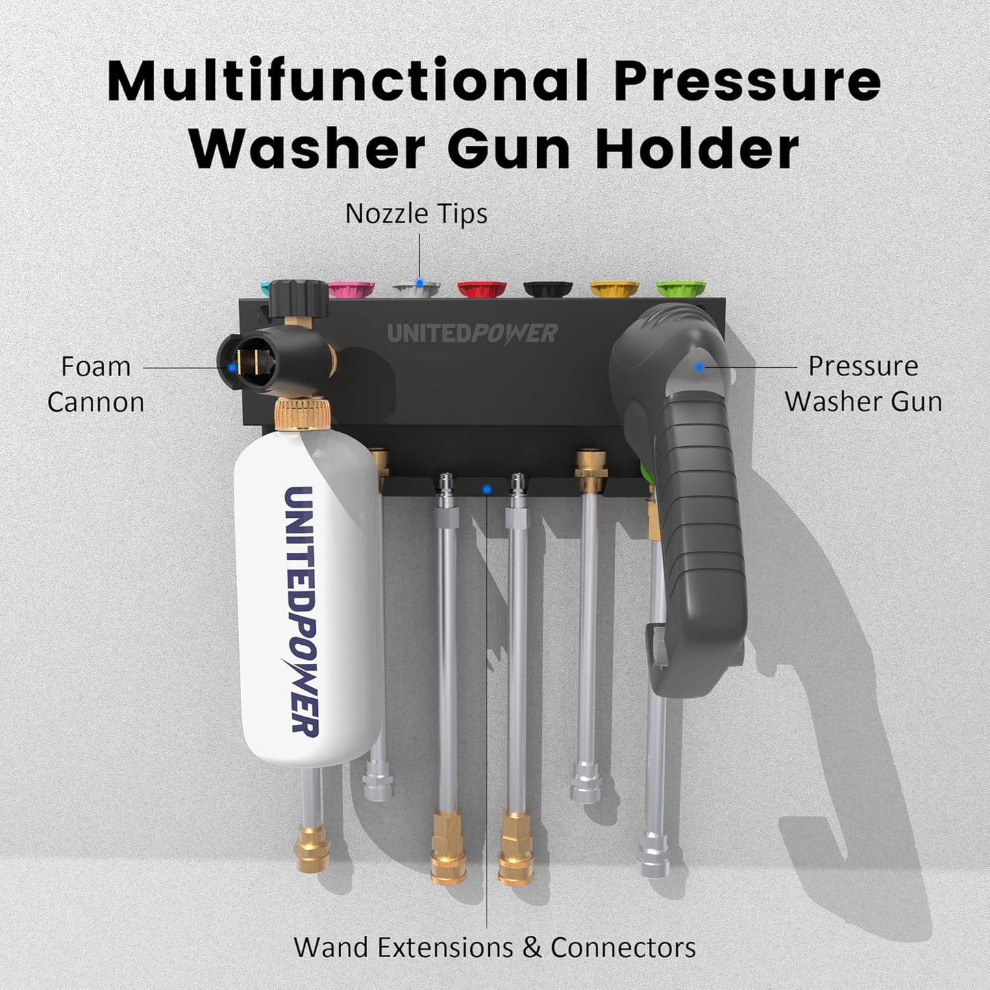 UNITEDPOWER Pressure Washer Gun Holder，Wall Mount Foam Cannon Holder，Tool Storage Rack for Pressure Washer Wand/Nozzle Tips, Car Wash Accessories Organizer, Black