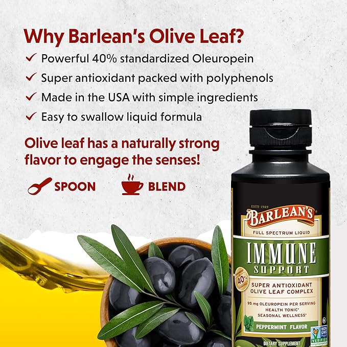 Barlean's Peppermint Olive Leaf Complex Liquid Immune Support Supplement, 95mg Oleuropein Antioxidants, 8 oz