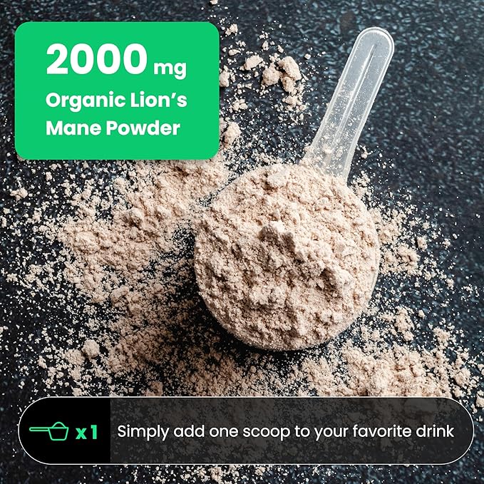 NutraChamps Organic Lions Mane Powder - 2000mg Powerful Nootropic for Memory, Focus, Immune Support - Vegan Lion’s Mane Mushroom Powder Supplement with Naturally Occurring Beta-Glucans - 8oz
