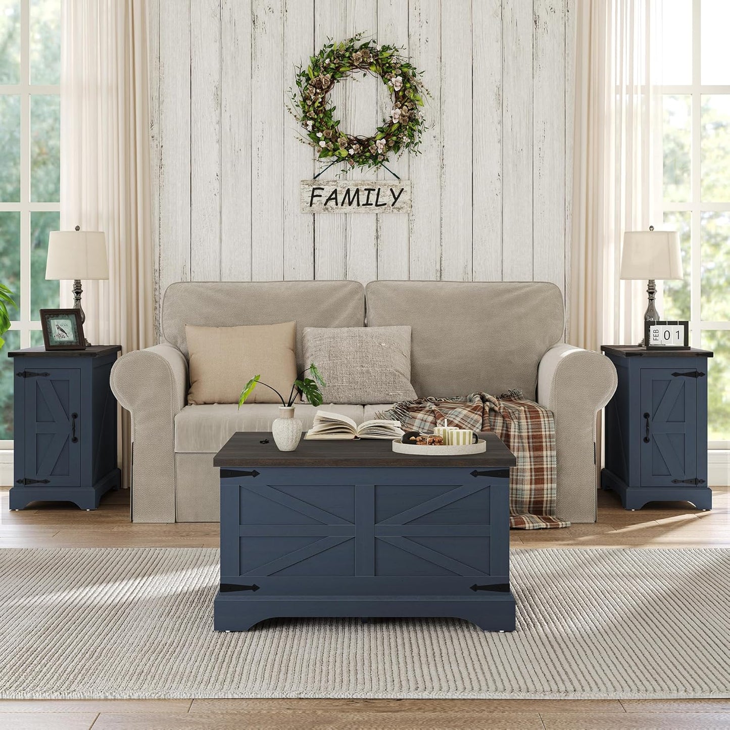 Furnideco Square Coffee Table with Storage Farmhouse Coffee Table with Lifting Top Modern Wood Center Table for Living Room Home Office, Blue