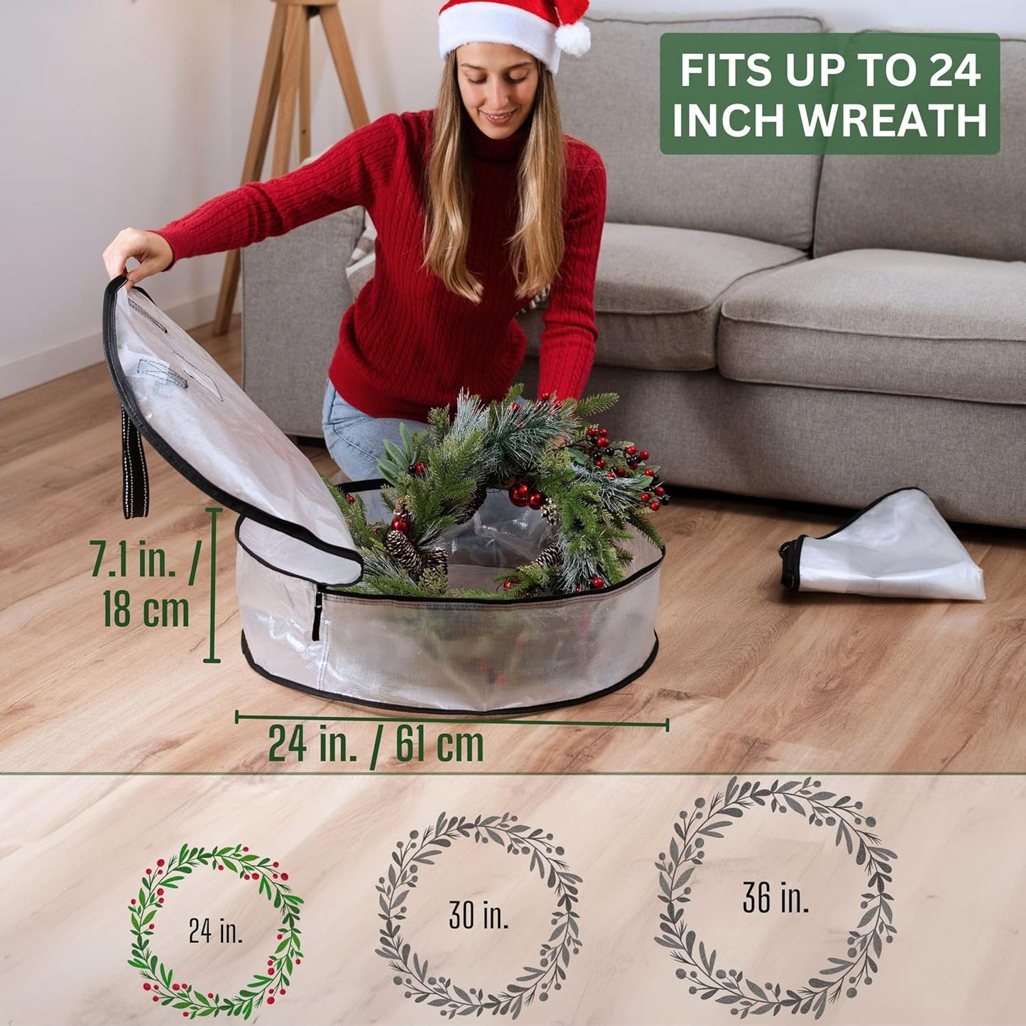 VENO 2 Pack Christmas Wreath Storage Container - 24 Inch Clear Wreath Bag, Christmas Garland and Holiday Decoration Organizers with Zipper and Durable Handles (Clear, 24"-2 Pack)