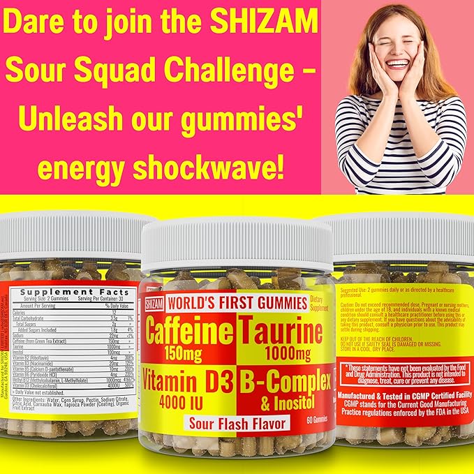 SHIZAM Taurine 1000mg Caffeine 150mg Energy Gummies w D-3 B-12 B Complex Inositol, Gel Gels Vitamins Vitamin Drinks Capsules Drink Shot Chews Pills Powder Alt, Running Runners Supplement Supplements