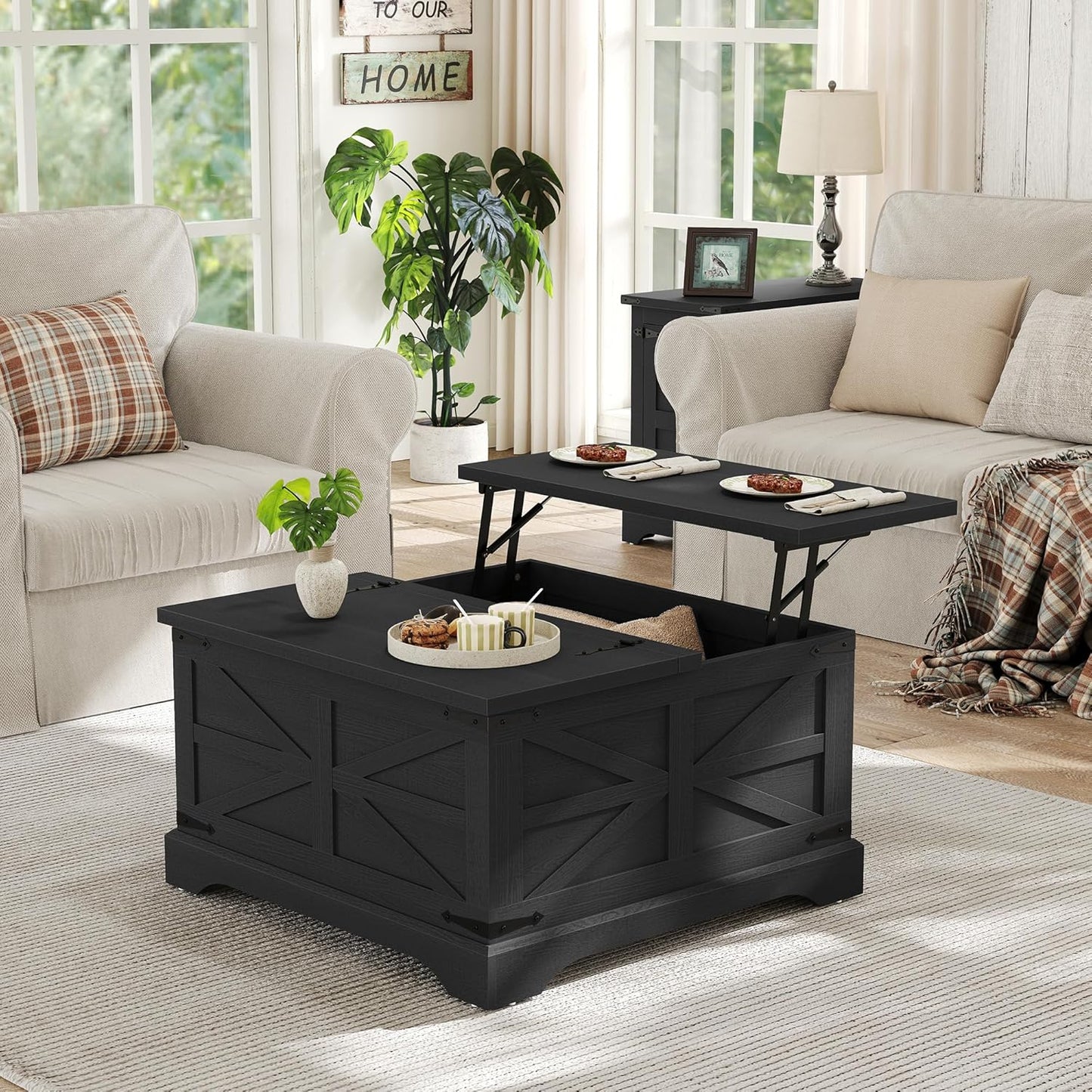 Furnideco Farmhouse Lift Top Coffee Table, Square Wood Center Table with Large Hidden Storage Compartment for Living Room, Rustic Cocktail Table with Hinged Lift Top for Home, Black