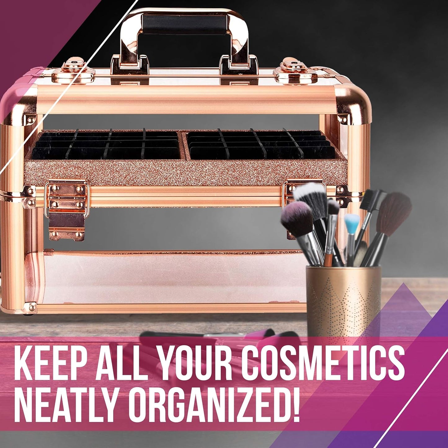 Ver Beauty Professional Armored Clear Acrylic Makeup Nail Tech Case with 2 Sliding Trays and Removable Dividers for Nail Polish Organizer Lockable Portable Travel Cosmetic Aluminum Case (Rose Gold)
