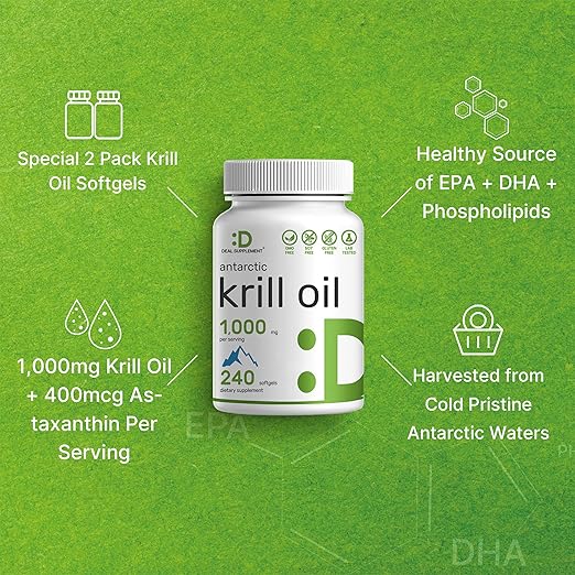 DEAL SUPPLEMENT 2 Pack Antarctic Krill Oil, 1,000mg Per Serving, 480 Softgels – Mercury Free, No Fishy Taste – Rich in Omega-3s, EPA, DHA, Astaxanthin, & Phospholipids – Non-GMO, No Gluten