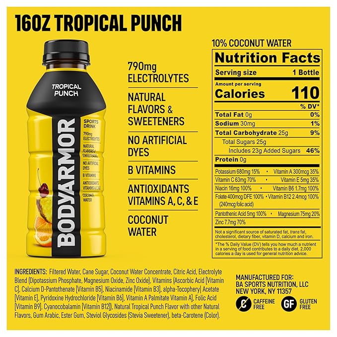 BODYARMOR Sports Drink Sports Beverage, Tropical Punch, Coconut Water Hydration, Natural Flavors With Vitamins, Potassium-Packed Electrolytes, Perfect For Athletes, 16 Fl Oz (Pack of 12)