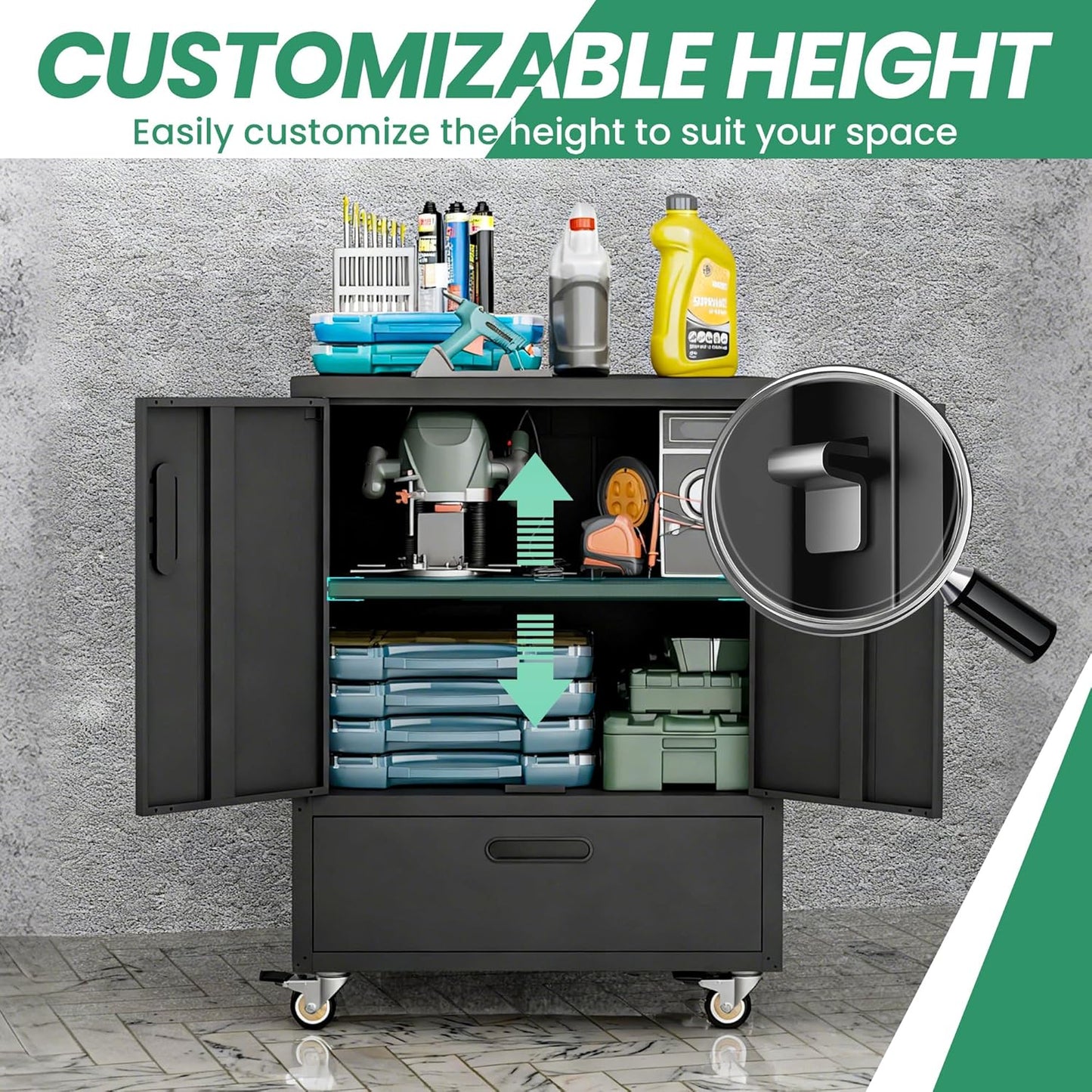Metal Garage Storage Cabinet with Wheels,Black Lockable Rolling Tool Cabinet with Drawer and Adjustable Shelves,Heavy Duty Tools Cabinet for Home Office Utility Room