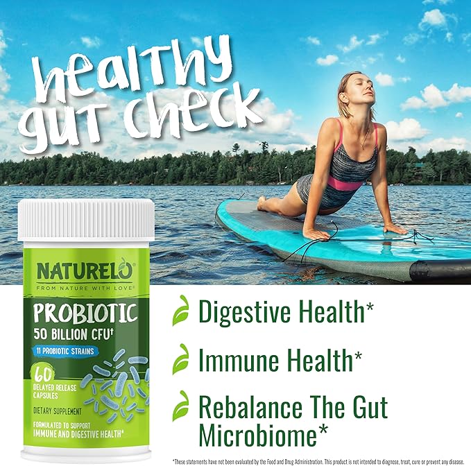 NATURELO Probiotics for Digestive Health - 50 Billion CFU, 11 Strains Daily Supplement - Boosts Immune System, Delayed Release, 60 Vegetarian Capsules