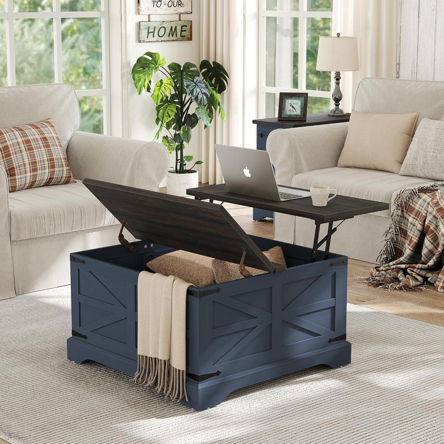 Furnideco Square Coffee Table with Storage Farmhouse Coffee Table with Lifting Top Modern Wood Center Table for Living Room Home Office, Blue