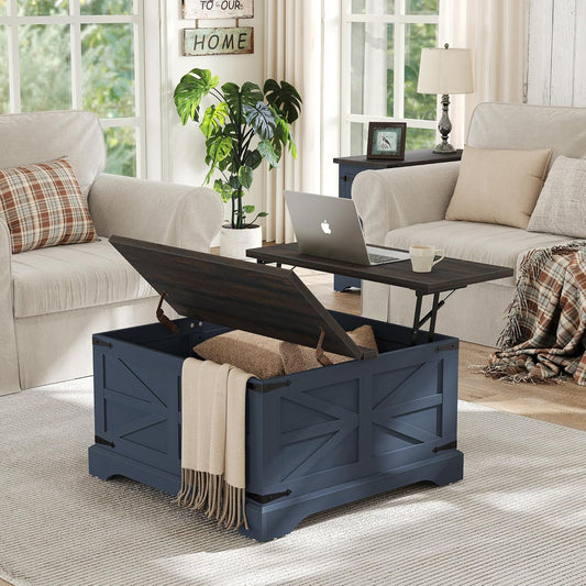 Furnideco Square Coffee Table with Storage Farmhouse Coffee Table with Lifting Top Modern Wood Center Table for Living Room Home Office, Blue