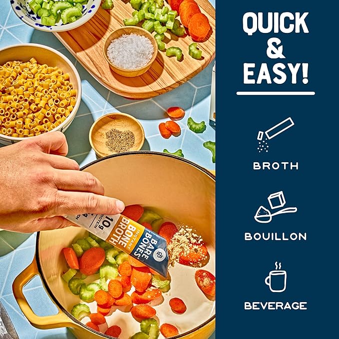 Bare Bones Chicken Bone Broth Instant Powdered Mix | Rich Savory Packets on-the-Go No Artificial Flavors | Keto & Paleo Friendly | 10g Protein | 32 Pack