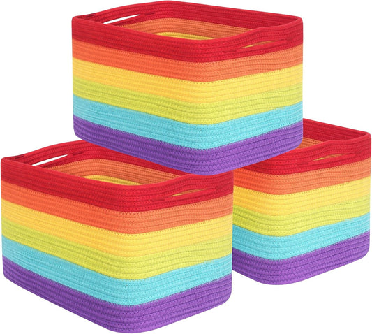 MINTWOOD Design 3-Pack Storage Baskets for Shelves, Playroom and Classroom, Book Basket, Decorative Storage Cube Bins, Woven Closet Organizers, Pantry and Shoe Organizer, Rainbow