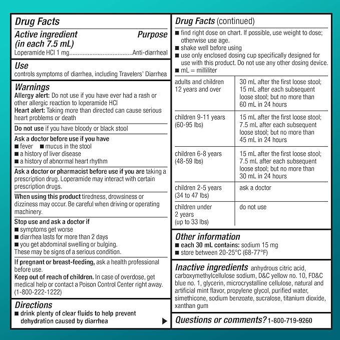 Amazon Basic Care Loperamide Hydrochloride Oral Solution, 1 mg per 7.5 ml, Anti-Diarrheal Medicine, Anti-Diarrhea Medicine For Kids and Adults 12 Years and Over, Mint, 8 fl oz (Pack of 1)