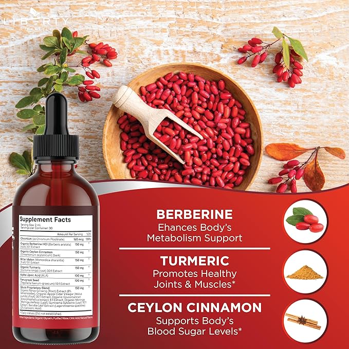 Berberine with Ceylon Cinnamon Supplement Liquid Drops + Bitter Melon Extract, Glucomannan, Gymnema, Chromium, Turmeric, Panax Ginseng, Moringa- 2 OZ