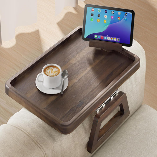 Tinamo Acacia Sofa Arm Tray, Couch Armrest Table with 360° Phone Holder - Armchair Caddy, 2-in-1 Couch Holder Tray - Sofa Arm Table for Home Living Room - No Assembly Required (Walnut Color)