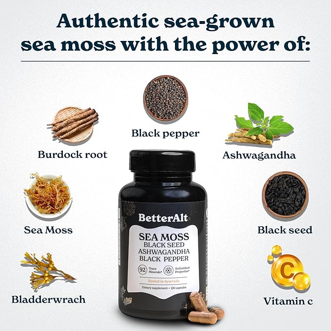Seamoss Capsules- Irish Sea Moss with Black Seed Oil, Ashwagandha & Black Pepper for Stamina, Strength & Endurance- High Potency Sea Moss Supplement - 60 Servings, 120 Capsule