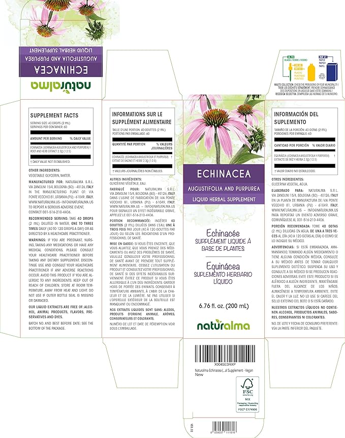 Naturalma Echinacea (Echinacea angustifolia and purpurea) Root and herb Alcohol-Free Tincture - 6.76 fl oz Liquid Extract in Drops - Herbal Supplement - Vegan