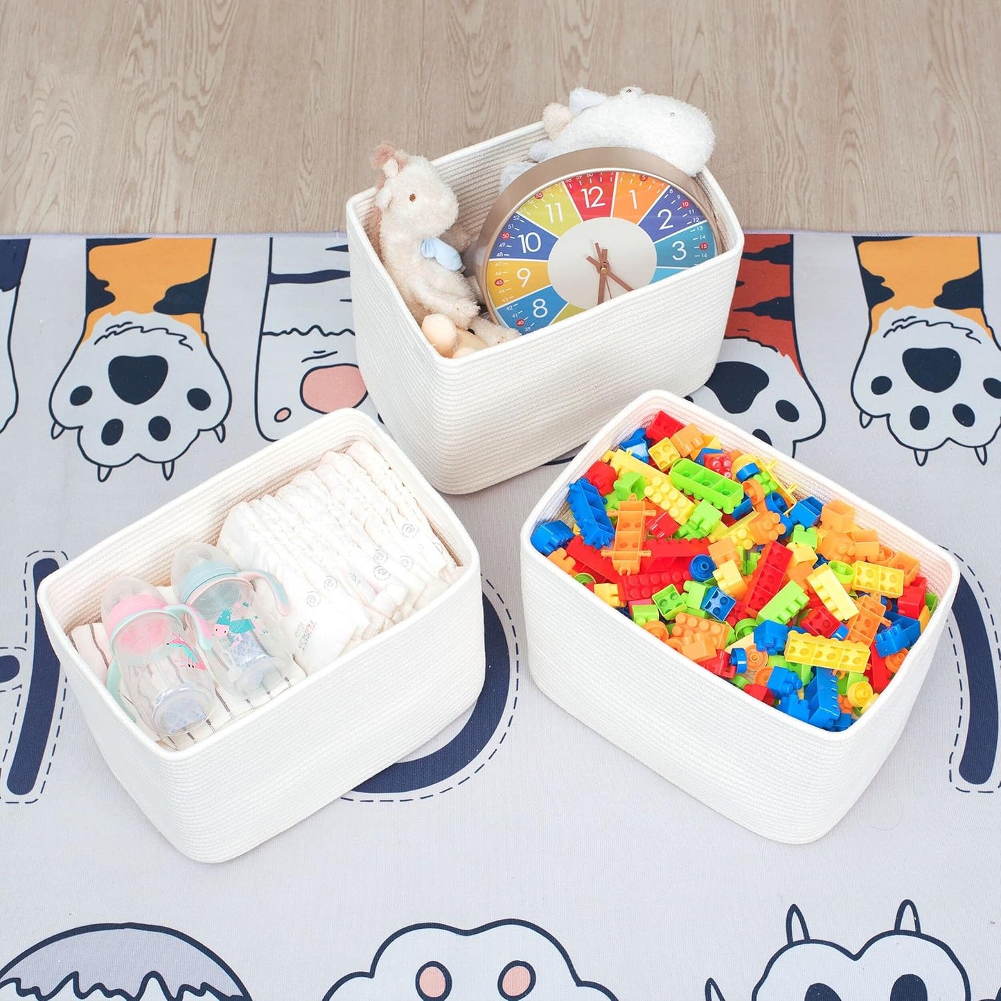 MINTWOOD Design 3-Pack Storage Baskets for Shelves, Playroom and Classroom, Book Basket, Decorative Cube Bins, Woven Closet Organizers, Baby Nursery Baskets, Creamy White