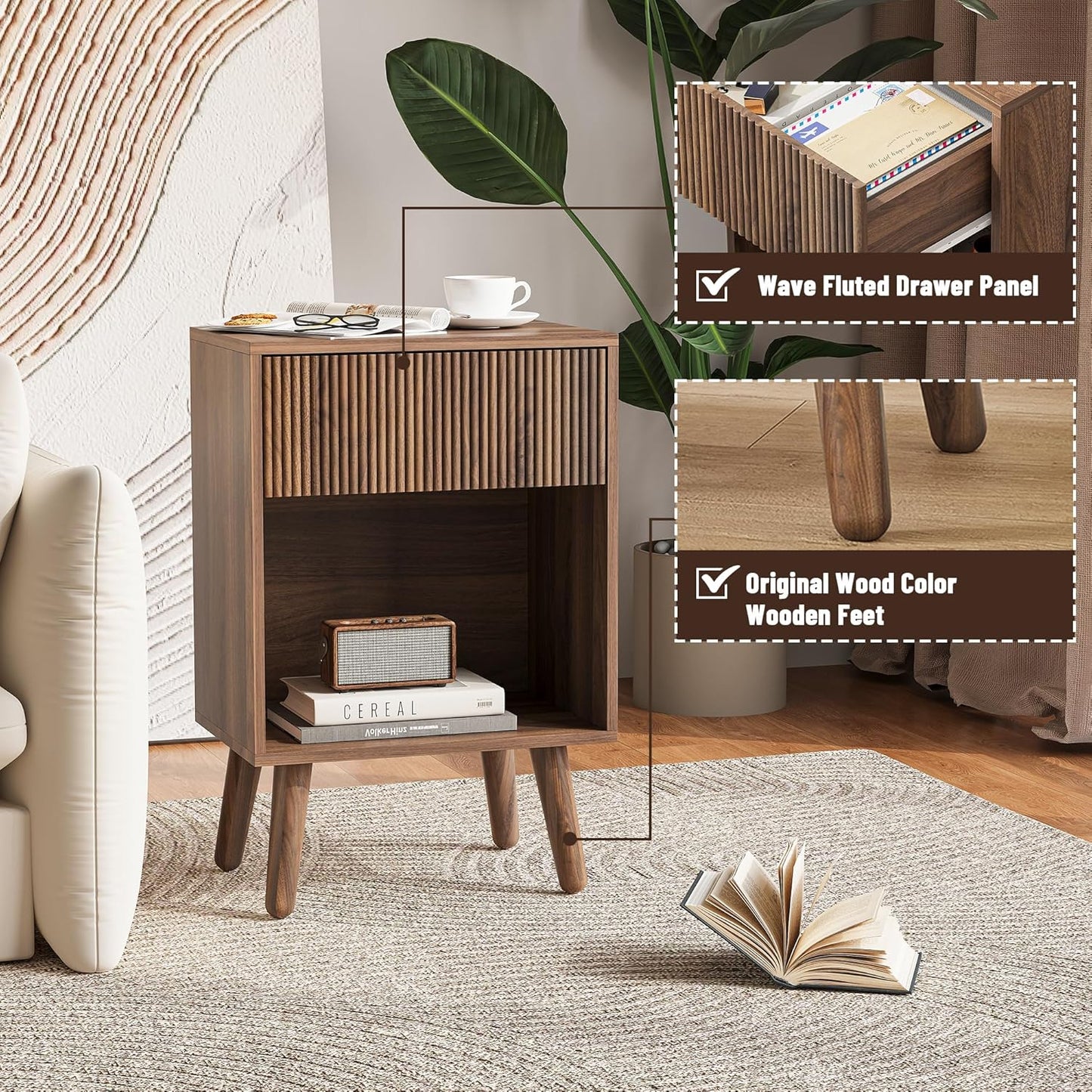 Nightstand, Modern Bedside Table with Storage Drawers and Open Wood Shelf, Night Stand with Solid Wood Legs, End Tables Side Tables for Living Room, Bedroom Walnut