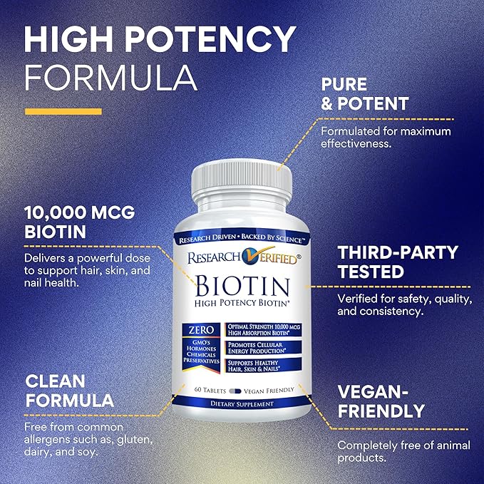 Research Verified Biotin – Pure Biotin Extra Strength 10,000mcg for Improved Hair, Skin and Nail Health - 60 Vegan Tablets, Made in USA