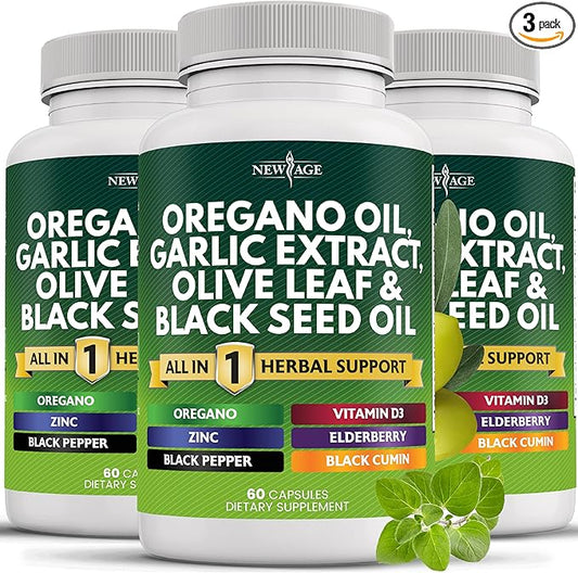 NEW AGE Oregano Oil Garlic Extract Olive Leaf with Astragalus - Supplement for Women and Men - 180 Count