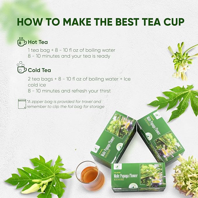 NMPT Dried Papaya Flower Tea, Mixed Bag, Carica Papaya Flower & Celastrus Hindsii Tea, Organic Herbal Tea, 30 Count, Gluten Free, Dairy Free, Sugar Free, Energy Boost & Health Support
