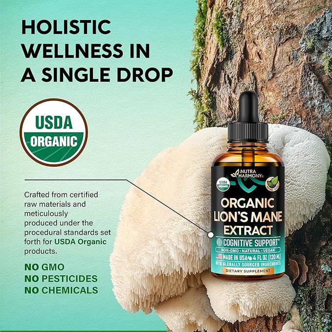 Lions Mane Liquid - USDA Certified Organic Lions Mane Supplement - Brain Support, Energy, Memory & Focus - Sugar & Alcohol-Free Lion's Mane Mushroom Extract 144,000 mg / Bottle, 4fl oz, 4 Month Supply