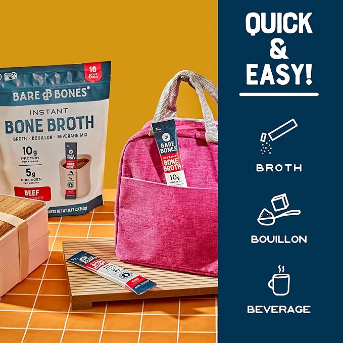 Bare Bones Bone Broth Instant Powdered Mix, Variety Pack, 8 Chicken and 8 Beef, 15g Sticks, 10g Protein, Keto & Paleo Friendly Bone Broth Packets, 16 Total Servings