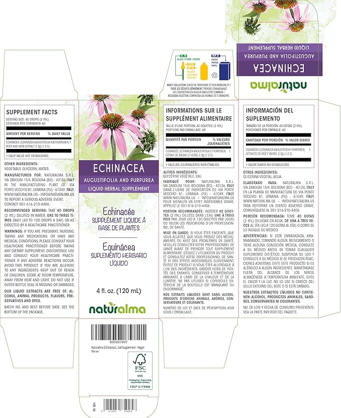 Naturalma Echinacea (Echinacea angustifolia and purpurea) Root and herb Alcohol-Free Tincture - 4 fl oz Liquid Extract in Drops - Herbal Supplement - Vegan