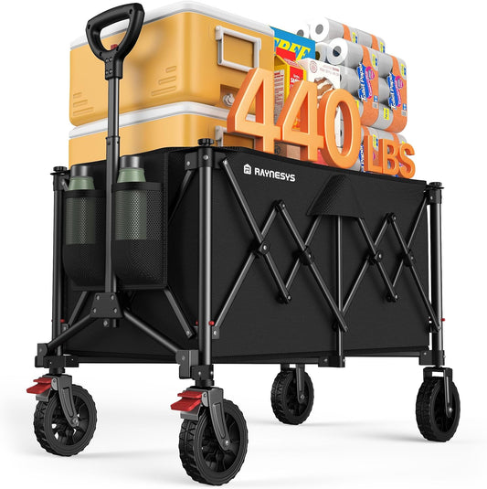 Collapsible Foldable Wagons, 440lbs Capacity Wagons Carts Foldable with All-Terrain Wheels, Heavy Duty Foldable Wagon, Utility Wagon Carts with Brakes for Camping, Sports, Shopping, Grocery, Black