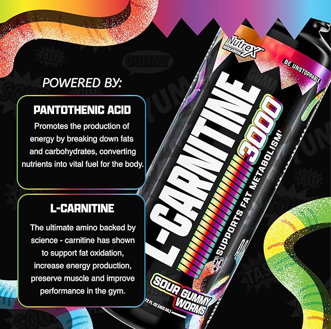 Nutrex Research Liquid Carnitine 3000 – Sour Gummy Worms | L-Carnitine Liquid Shots, Stimulant Free | Supports Muscle Recovery for Men and Women
