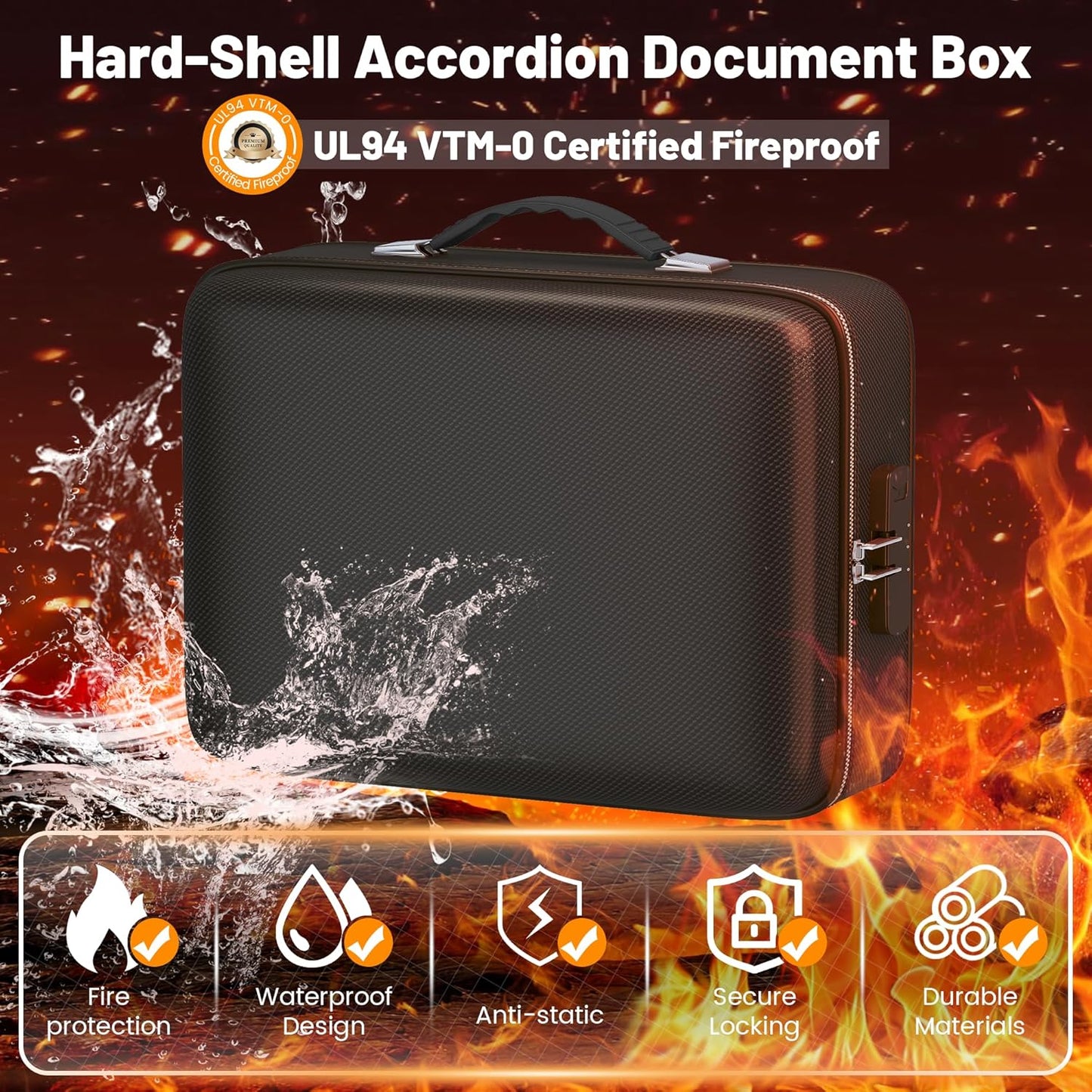 5200°F Fireproof Document Box with Combination Lock,Fireproof Water Resistant Hard Case Safe Box for Important Documents Certificates Laptop Passports (Black)