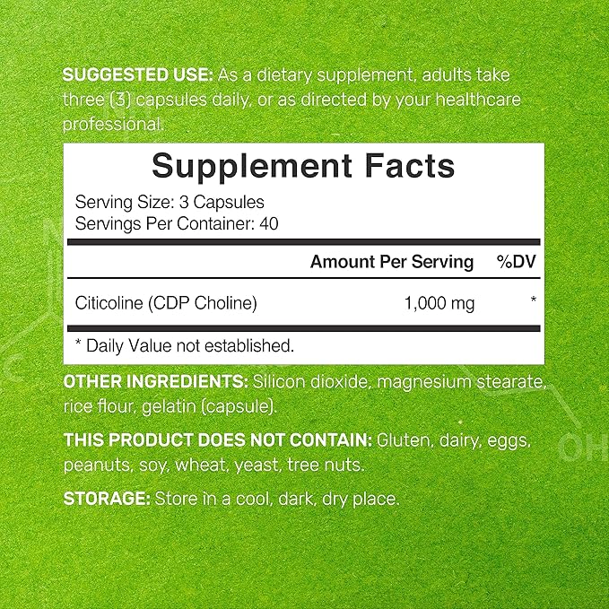 Citicoline CDP Choline, 1,000mg Per Serving, 120 Capsules – Extra Strength Choline Supplements – Nootropic B Vitamin Properties – Promotes Brain Health, Memory, & Focus – Non-GMO