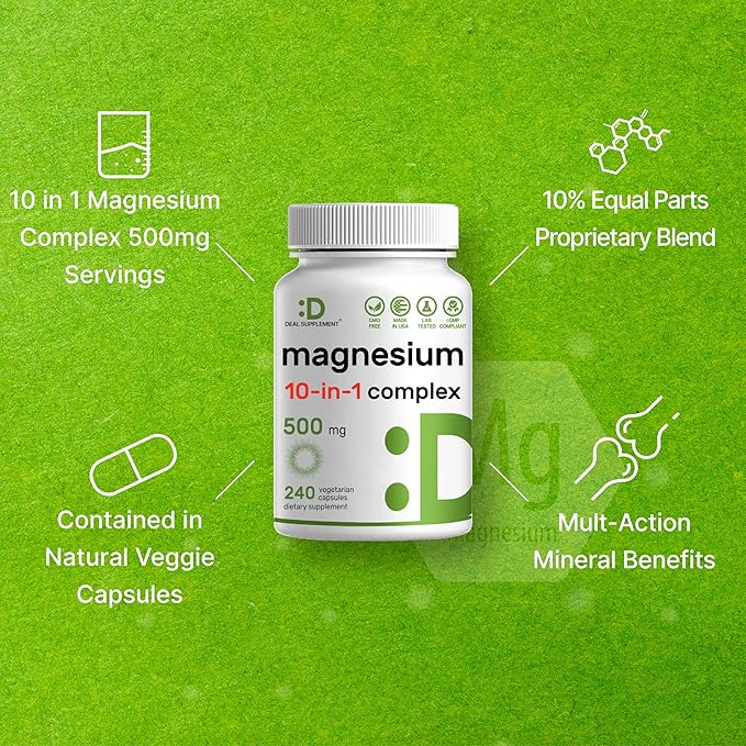Magnesium Complex 500mg, 240 Veggie Capsules | 10-in-1 Glycinate, Citrate, Malate, & More | 100% Chelated for Easy Absorption | Essential Mineral Supplement for Muscle, Sleep, & Heart Health