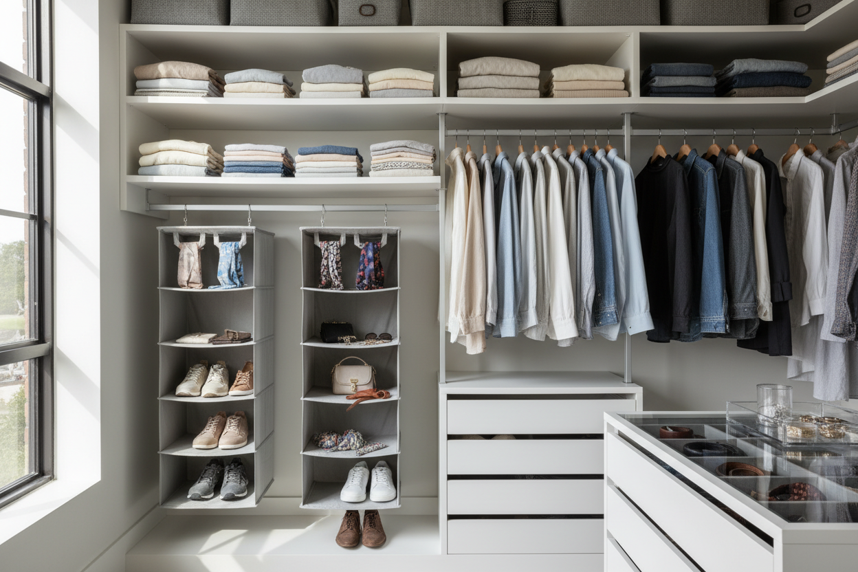 Closet & Wardrobe Organizers

Stackable shelves, hanging organizers, and drawer dividers to keep clothes and accessories neat. (make it real photo)